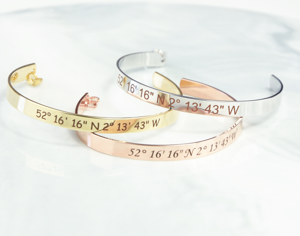 Custom coordinates cuff-Silver, rose gold or 16k gold plated coordinates bracelet