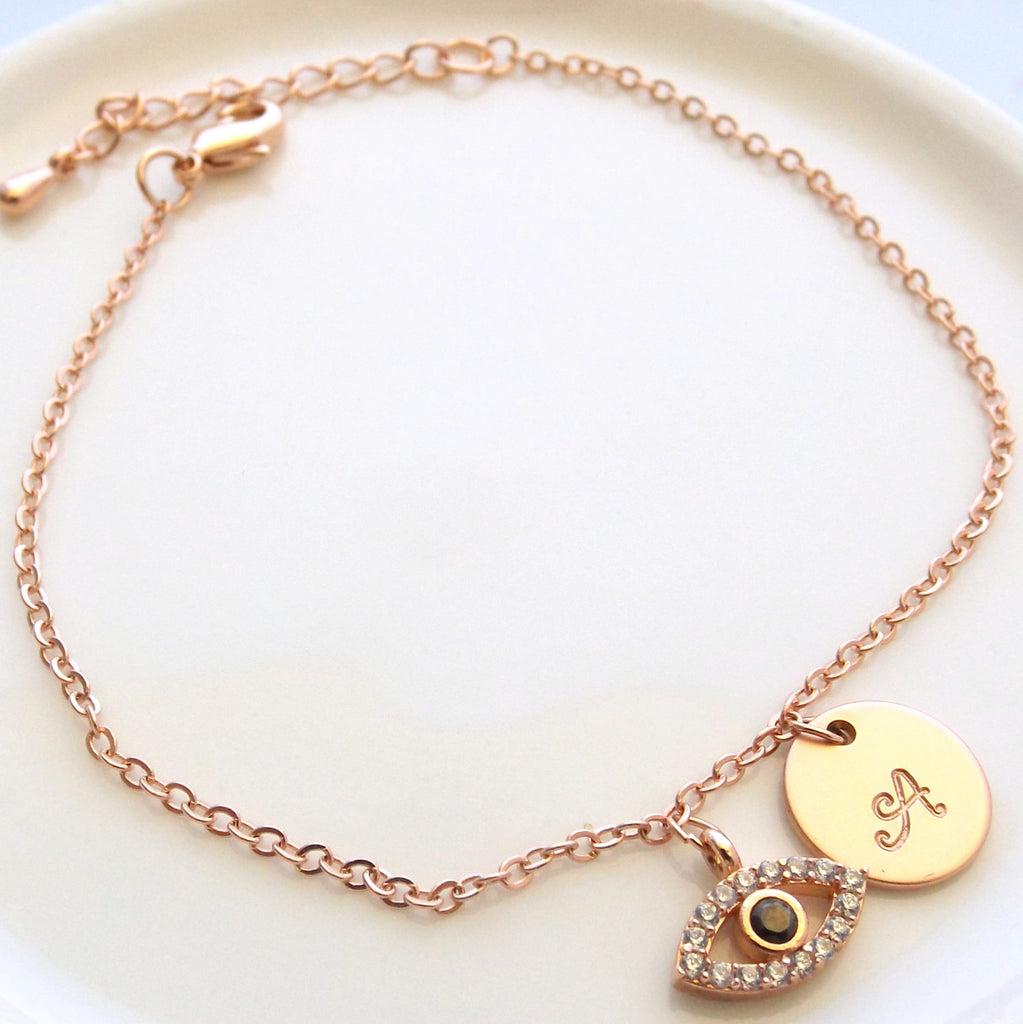 Rose gold evil eye bracelet-Initial and evil eye bracelet, rose gold gold plated evil eye jewelry, initial bracelet