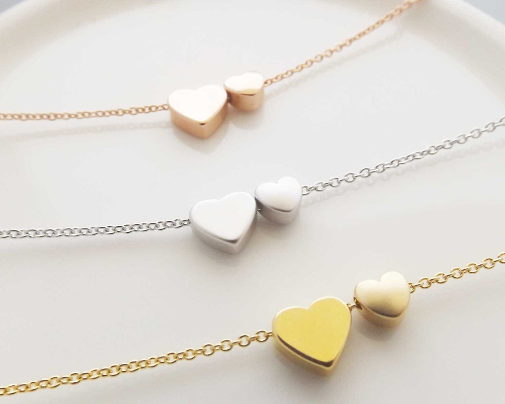 Silver Double Heart Bracelet-  2 hearts bracelet , dainty heart bracelet , bridesmaid gift