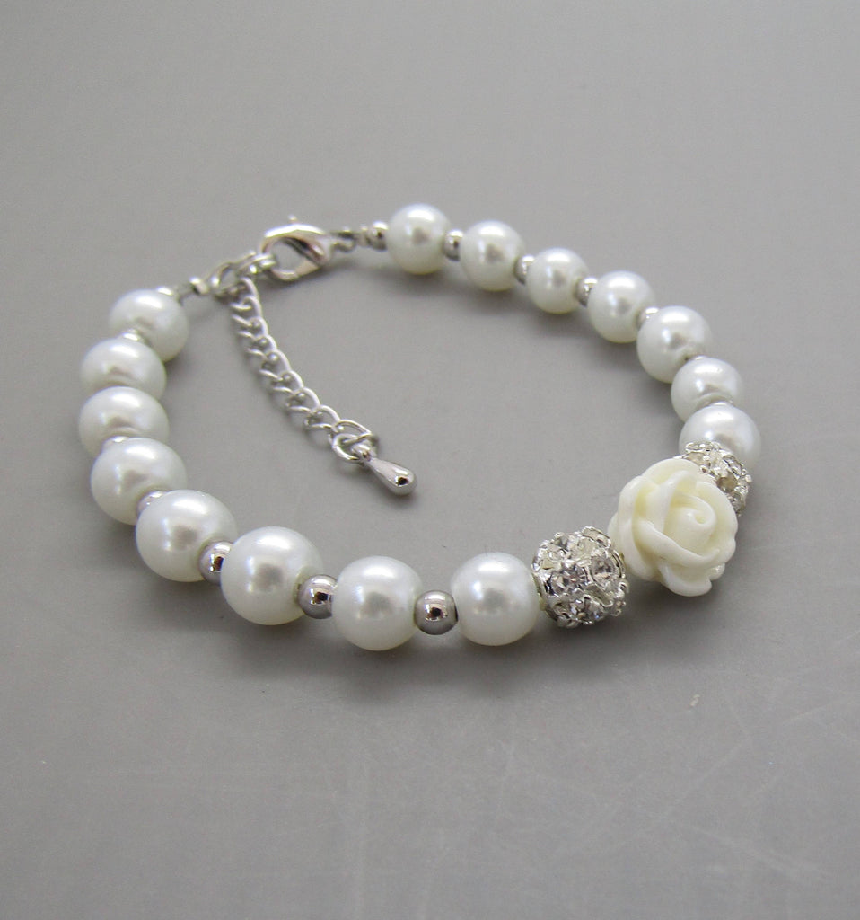Children's pearl and flower bracelet •Flower Girl Gift •Flower Girl Jewelry • For Kids •Children's Pearl Bracelet• Asking Flower Girl