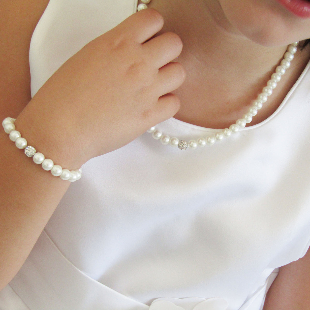 Flower Girl Gift Pearl Jewelry Necklace and Bracelet Set Flower