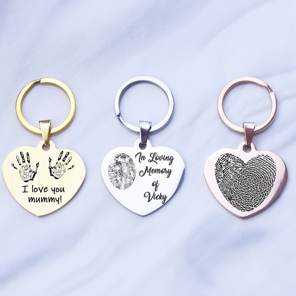 Heart Keychain Actual Fingerprint Key Chain, Hand or Foot Print Engraved Keychain