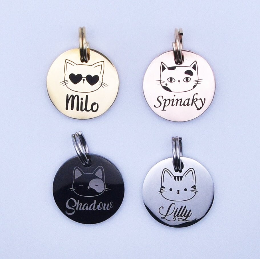 Personalised Cat Tag Small Cat or Kitten Name Tag Cute Name Tag For Cats Black Silver Gold or Rose Gold Cat Tag for Collar Engraved Cat Tag