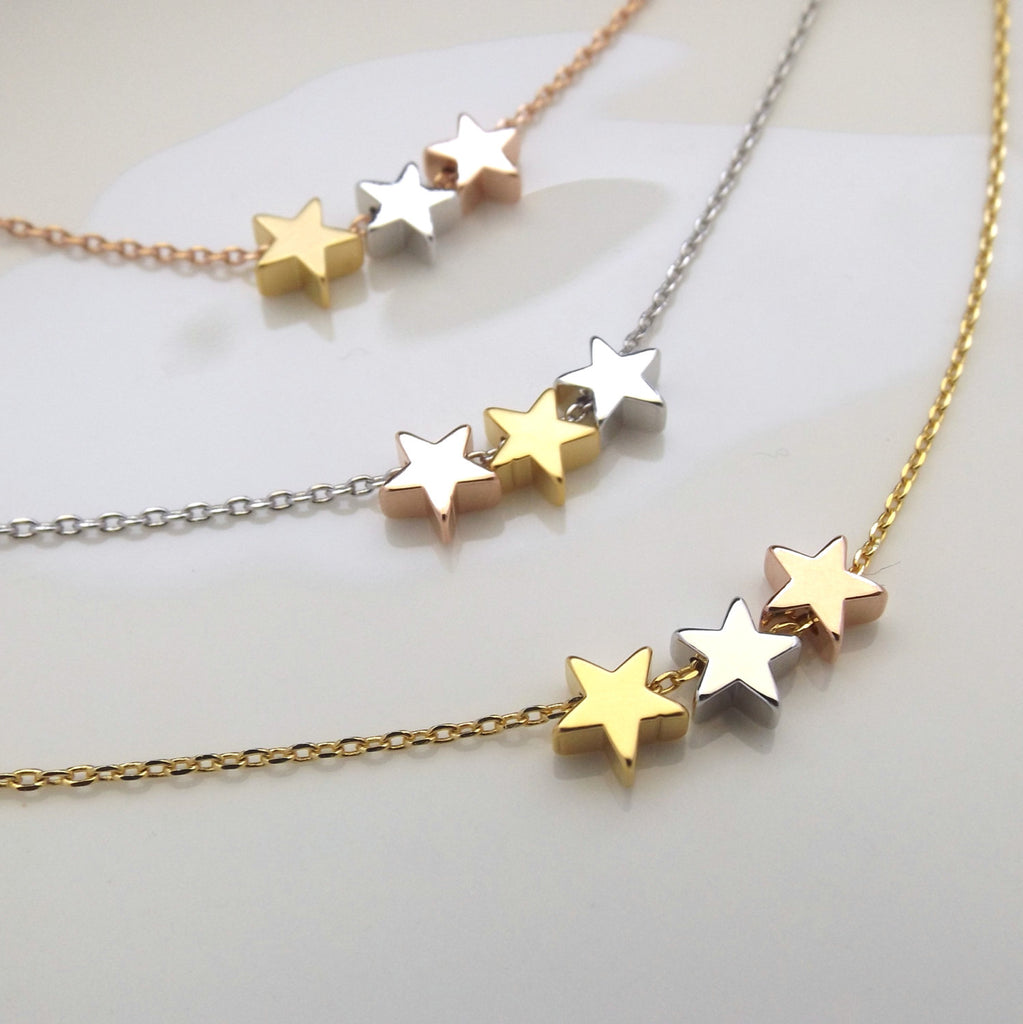 Three tone star bracelet, dainty star bracelet ,silver rose gold gold star bracelet