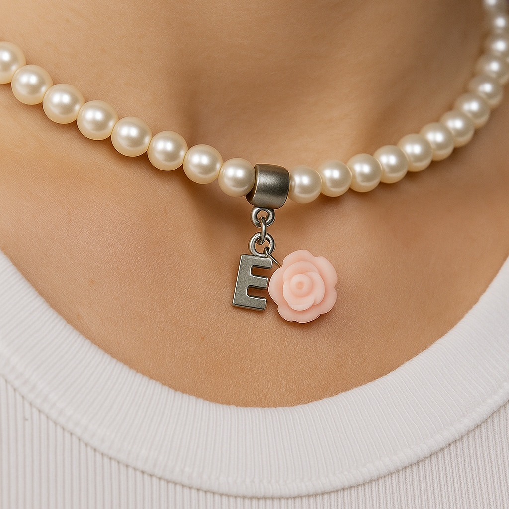 Pearl necklace with a silver charm and pink flower pendant on a person wearing a white top.