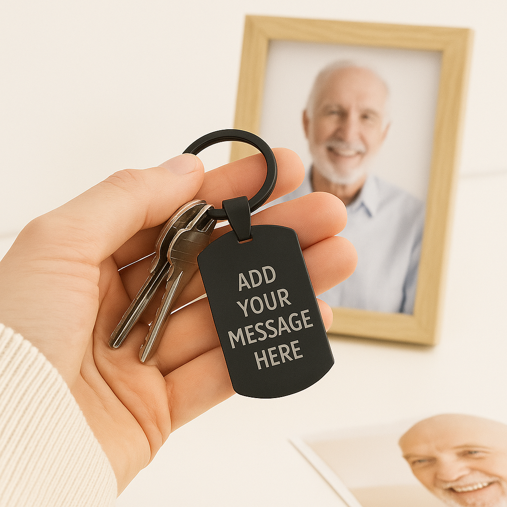 Hand holding a keychain with 'Add Your Message Here' tag in front of a framed photo of an older man.