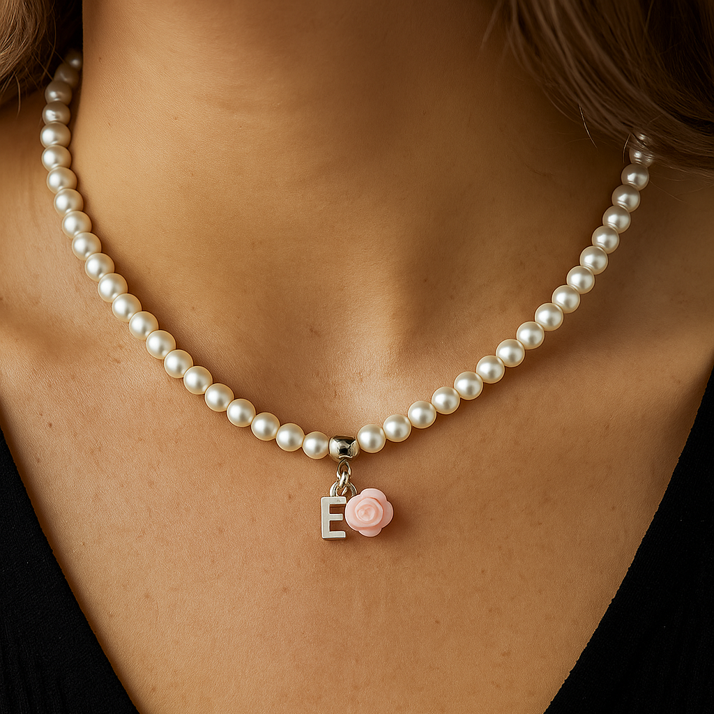Pearl necklace with a pink and silver charm on a person wearing a black top.