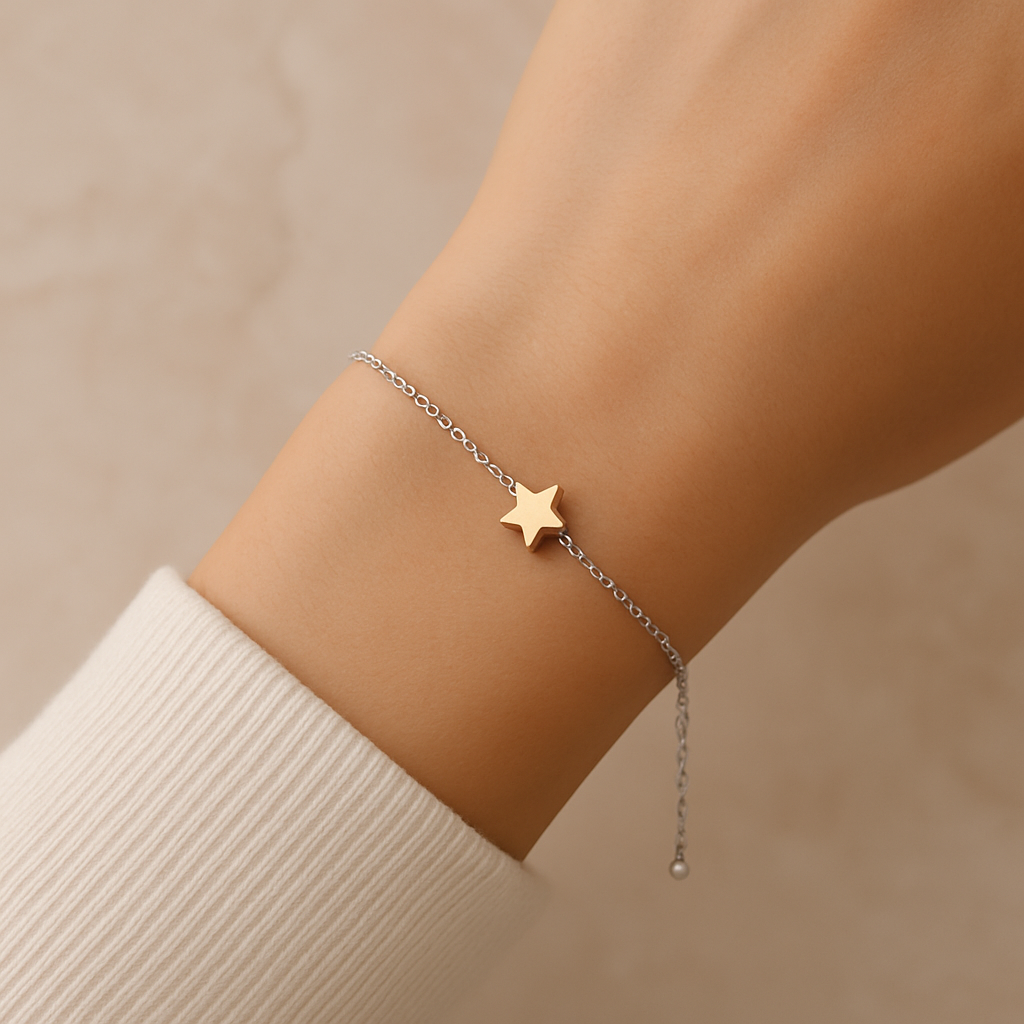 Silver chain with rose gold star bracelet on a wrist with a beige background