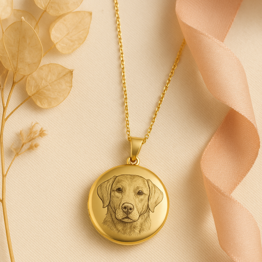 Gold necklace with a locket pendant featuring a dog's face on a beige background with dried leaves and ribbon.