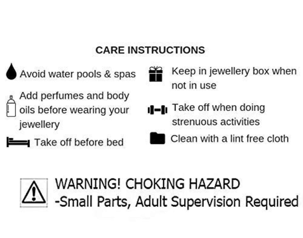 Care instructions and warning label for jewelry on a white background