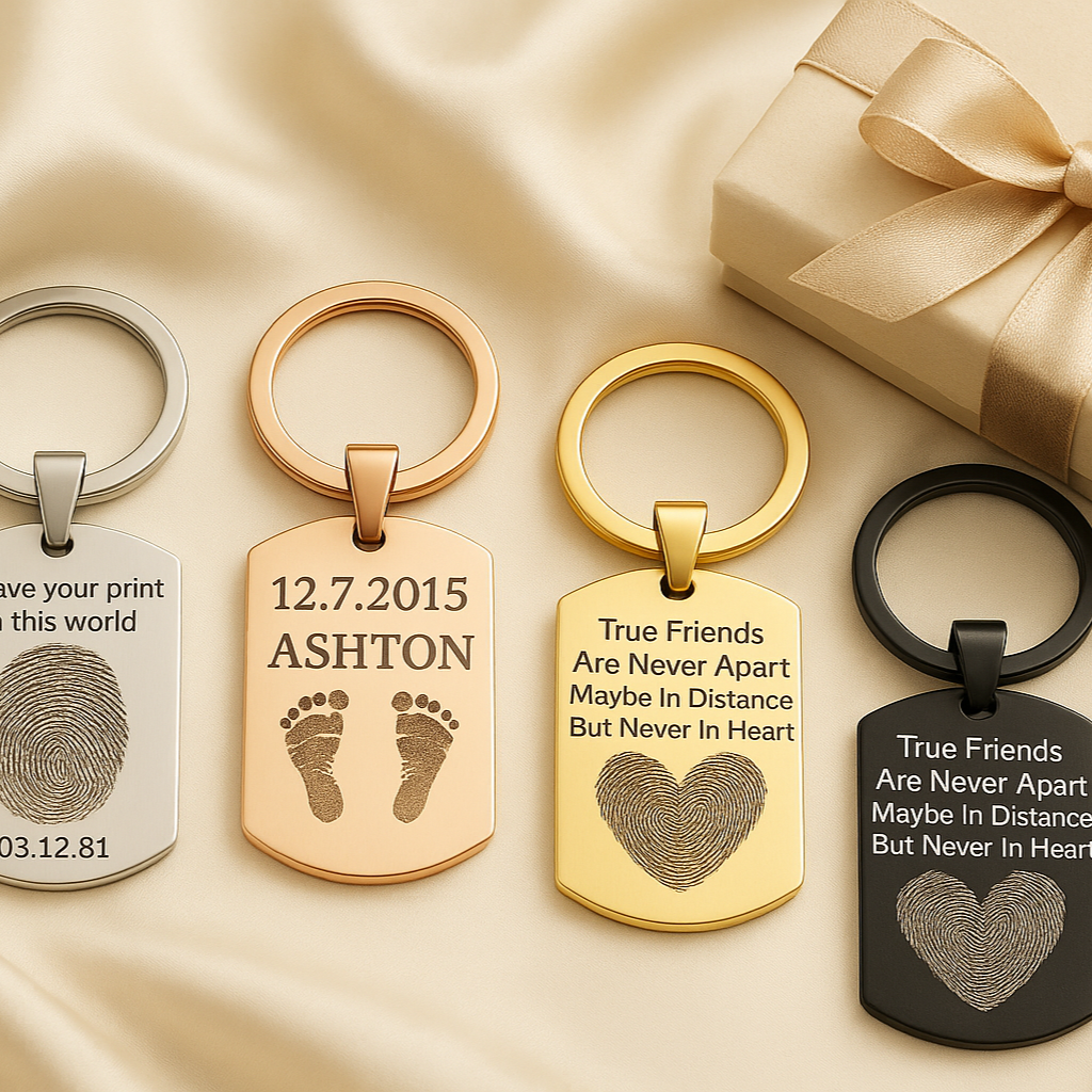 Four keychains with engraved text and designs on a beige fabric background with a gift box.
