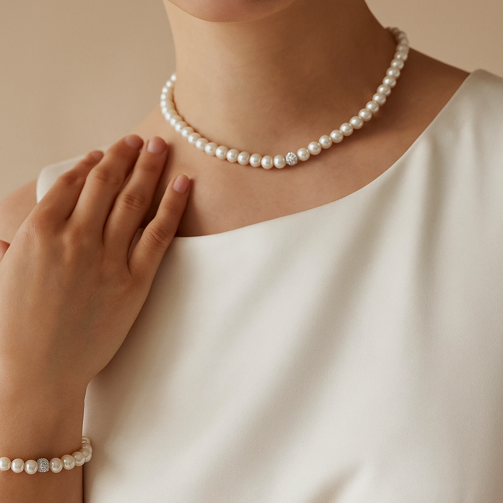 Woman wearing a pearl necklace and bracelet against a beige background