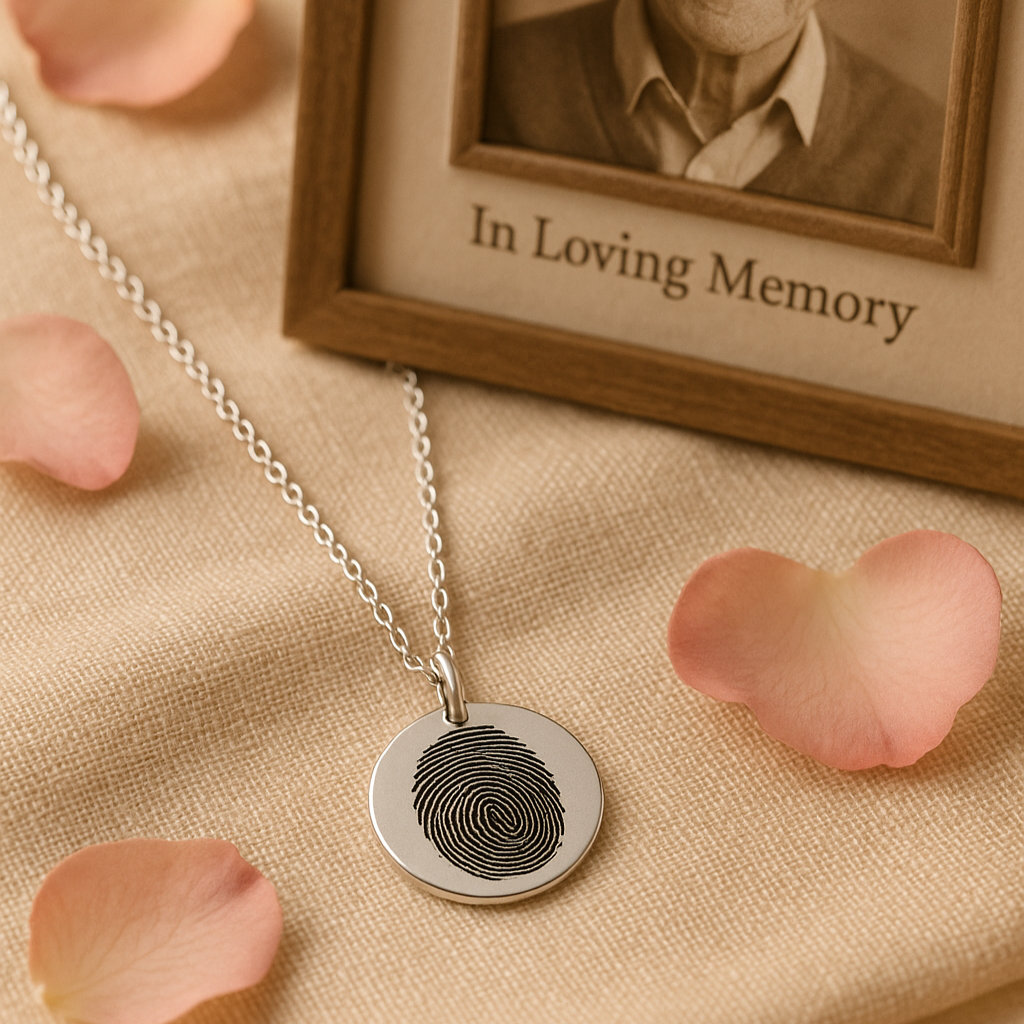 Silver fingerprint necklace with a photo frame labeled 'In Loving Memory' on a beige surface with pink petals.