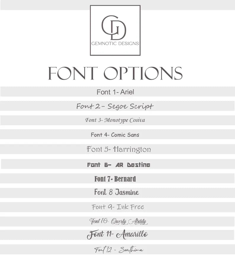 List of font options with Gemntic Designs logo on a white background