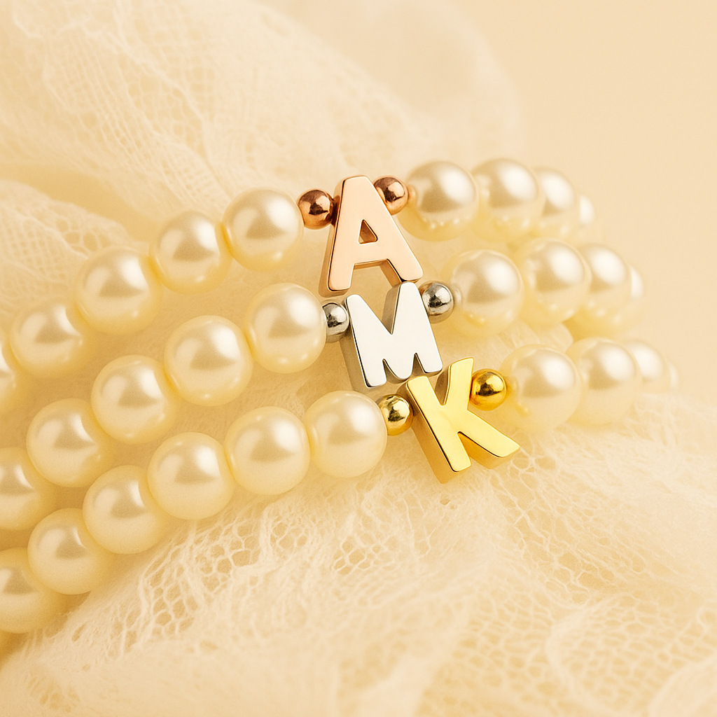 Pearl bracelet with gold and silver letter charms on a lace fabric background