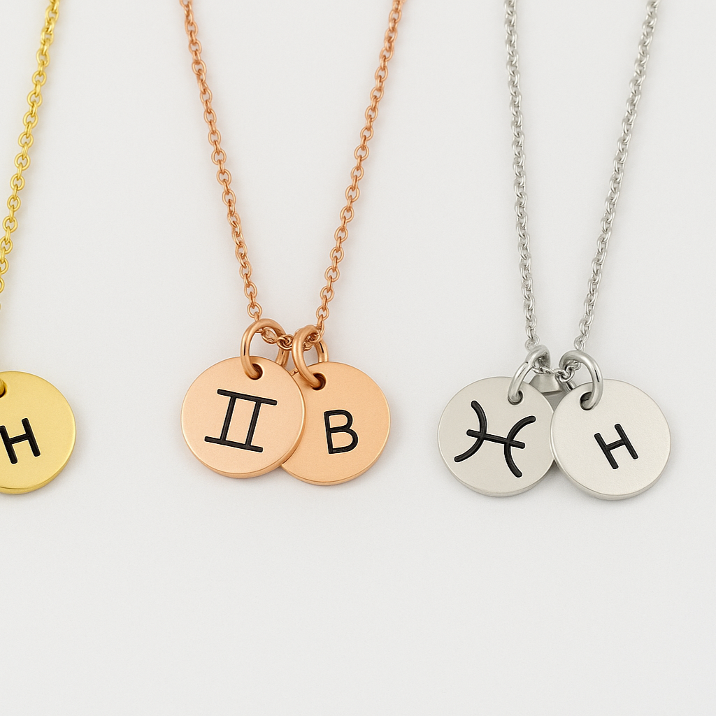 Three necklaces with circular pendants featuring initials and symbols on a light gray background.