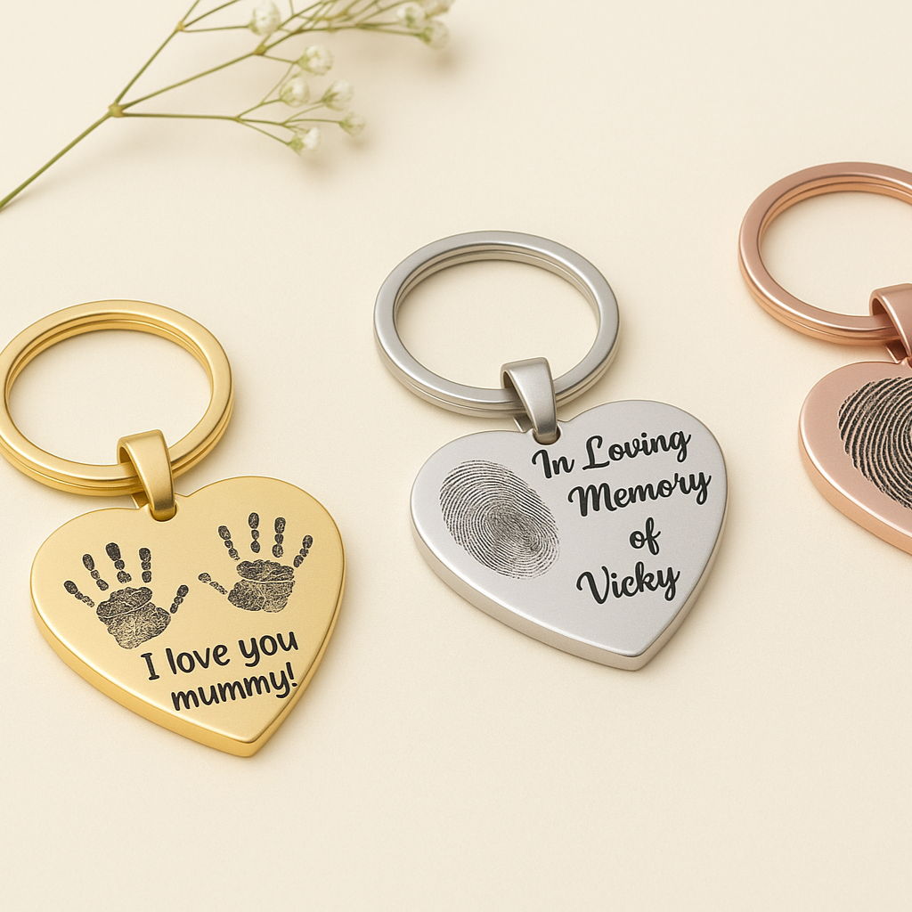 Three heart-shaped keychains with engraved messages on a beige background