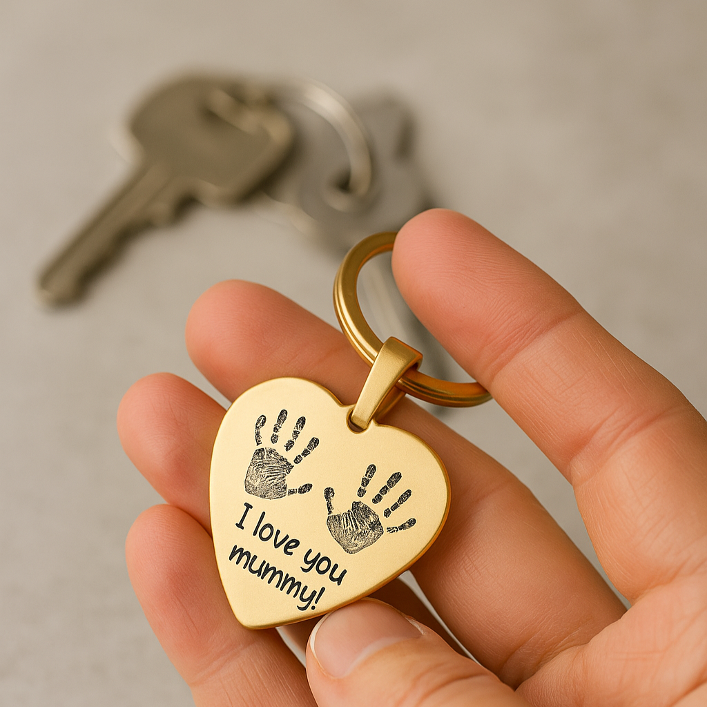 Heart-shaped keychain with handprints and 'I love you mummy!' text held by a hand, with keys in the background.