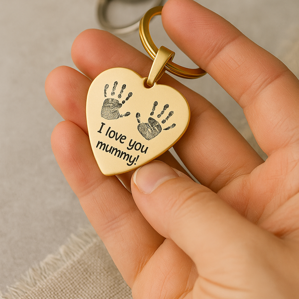 Heart-shaped keychain with engraved message and handprints held by a hand on a neutral background