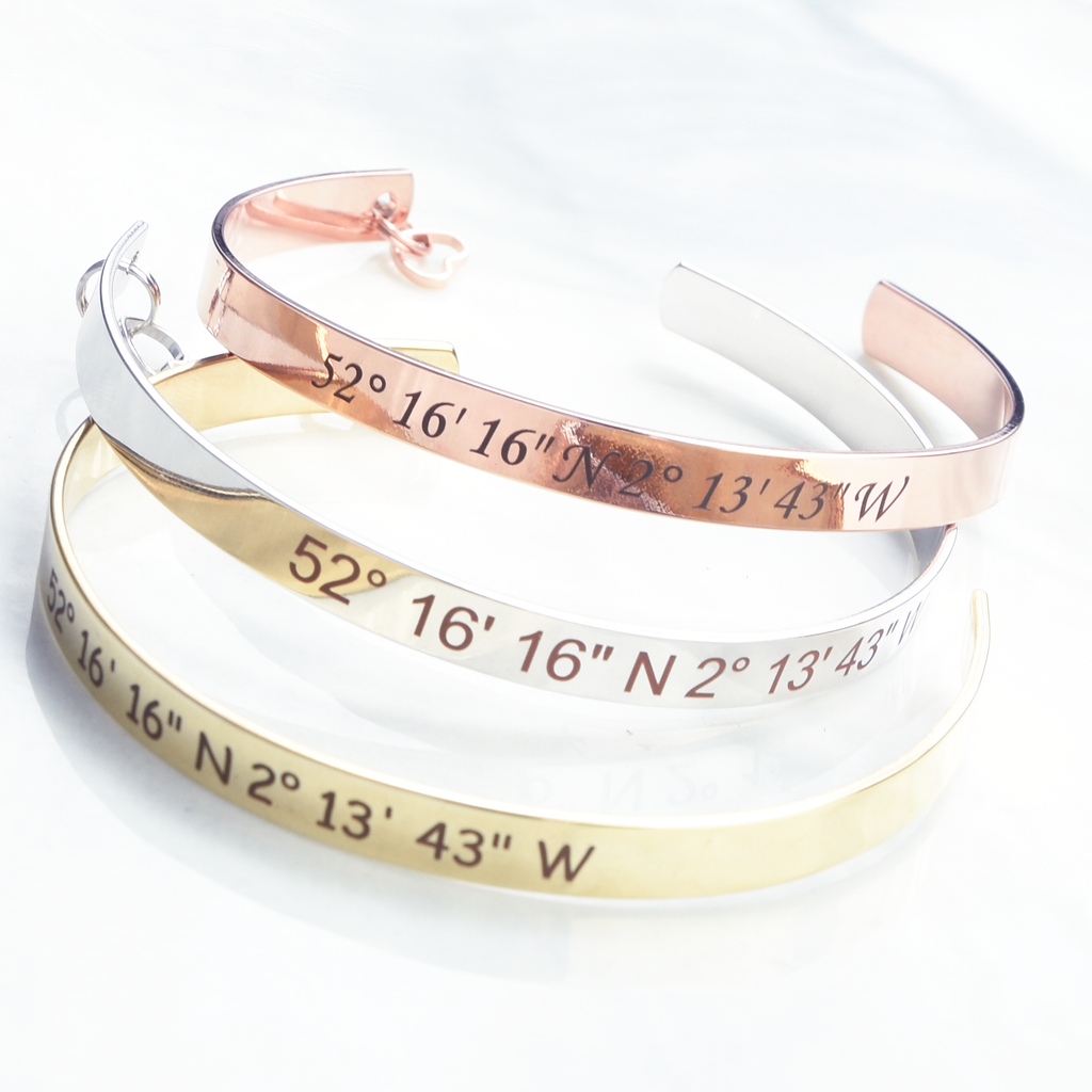 <transcy>Polsino con coordinate personalizzate: bracciale con coordinate placcato argento, oro rosa o oro 16k</transcy>