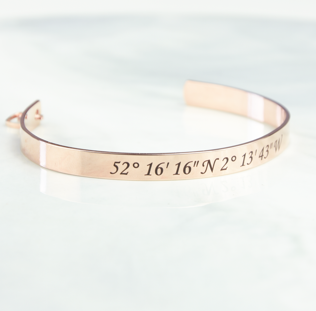 Custom coordinates cuff-Silver, rose gold or 16k gold plated coordinates bracelet