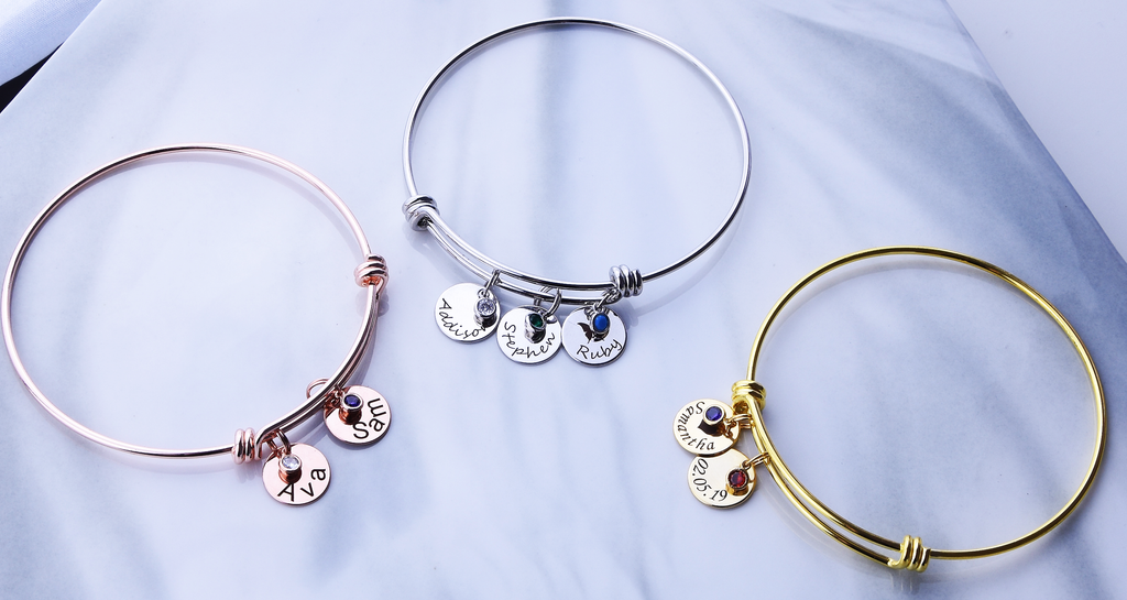 <transcy>Bracciale birthstone, bracciale famiglia argento oro rosa oro, bracciale personalizzato con nomi di bambini</transcy>