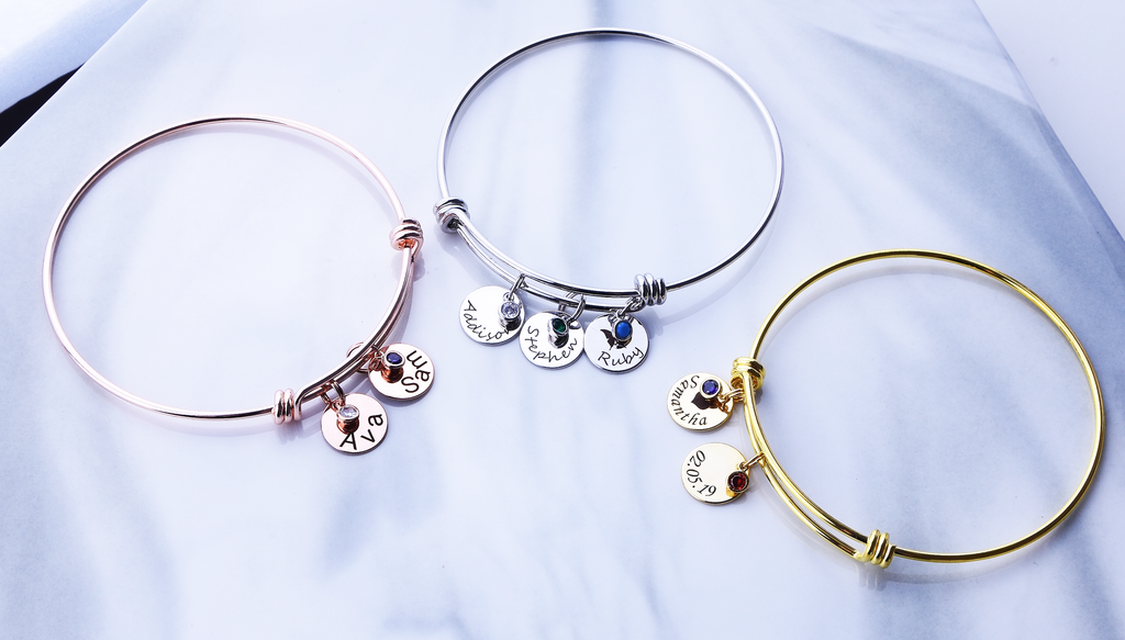 <transcy>Bracciale birthstone, bracciale famiglia argento oro rosa oro, bracciale personalizzato con nomi di bambini</transcy>