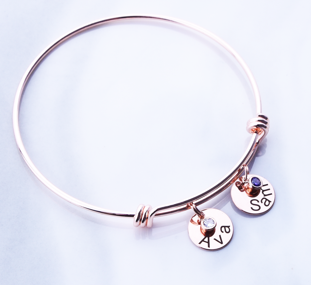 <transcy>Bracelet de pierre de naissance, bracelet de famille en or rose en argent, bracelet personnalisé avec noms d&#39;enfants</transcy>