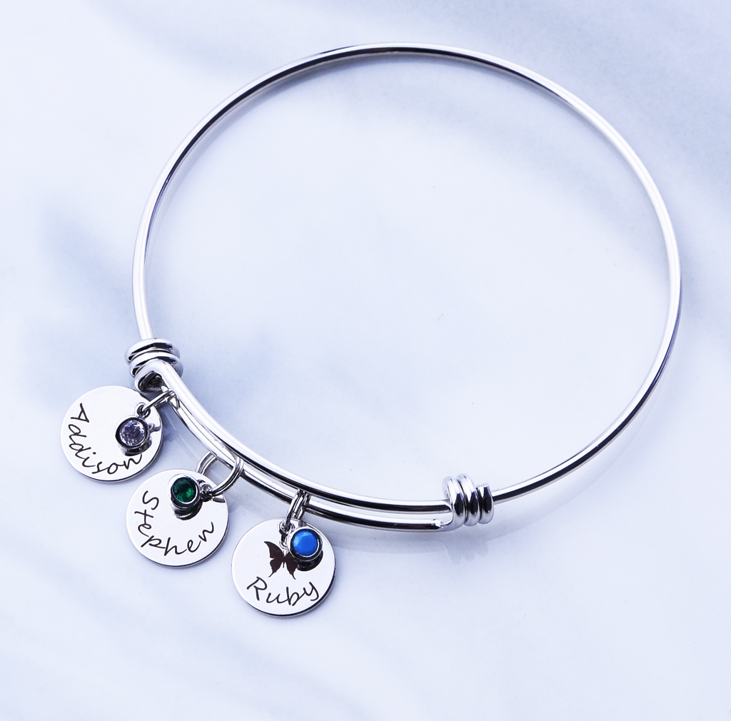 <transcy>Bracciale birthstone, bracciale famiglia argento oro rosa oro, bracciale personalizzato con nomi di bambini</transcy>