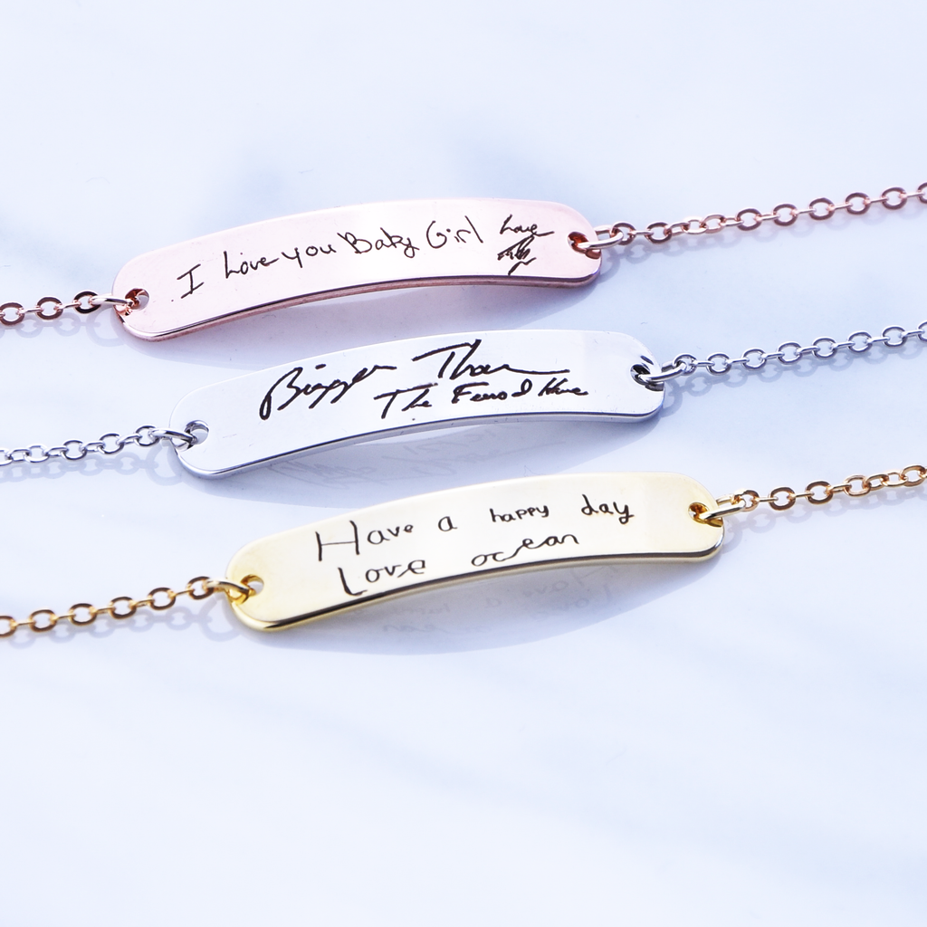 <transcy>Bracciale con scrittura a mano reale, bracciale con firma incisa con disegno di bambini</transcy>