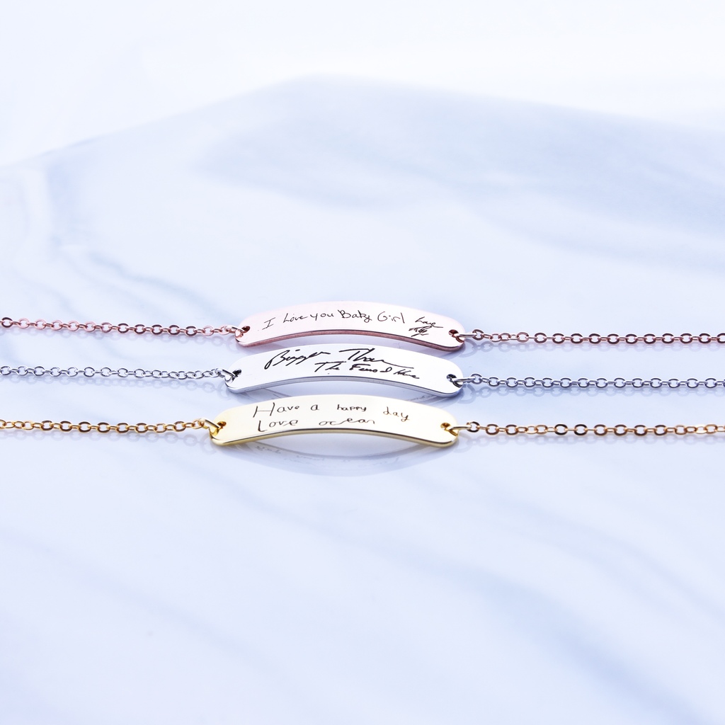 <transcy>Bracciale con scrittura a mano reale, bracciale con firma incisa con disegno di bambini</transcy>