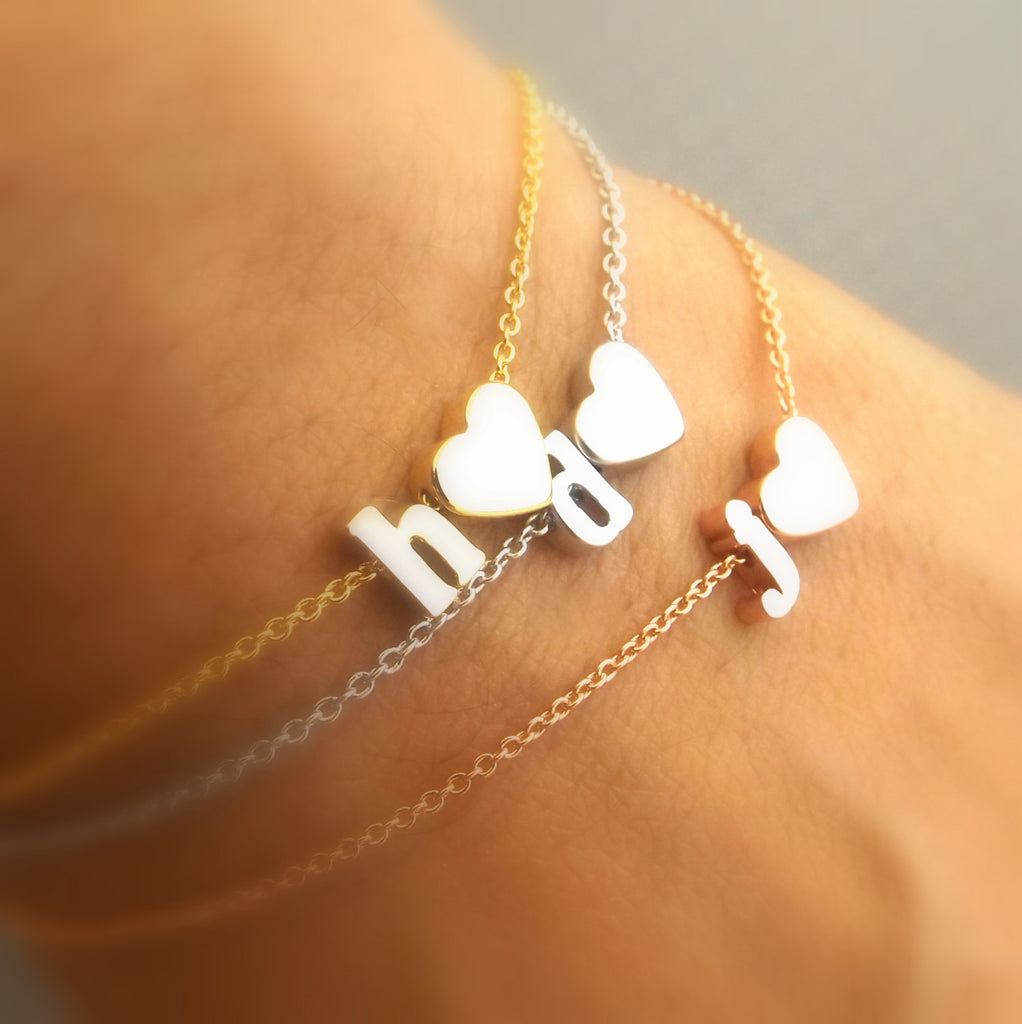 Lowercase initial and heart bracelet, silver rose gold gold plated initial and heart bracelet, heart bracelet