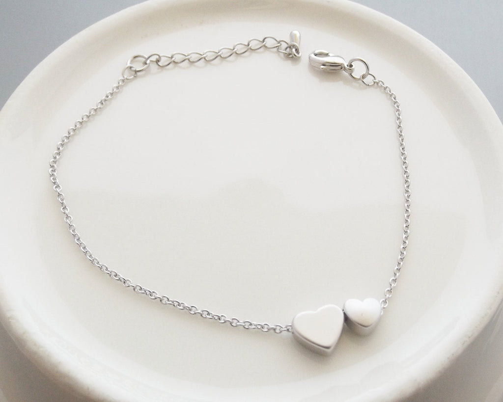 Silver Double Heart Bracelet-  2 hearts bracelet , dainty heart bracelet , bridesmaid gift