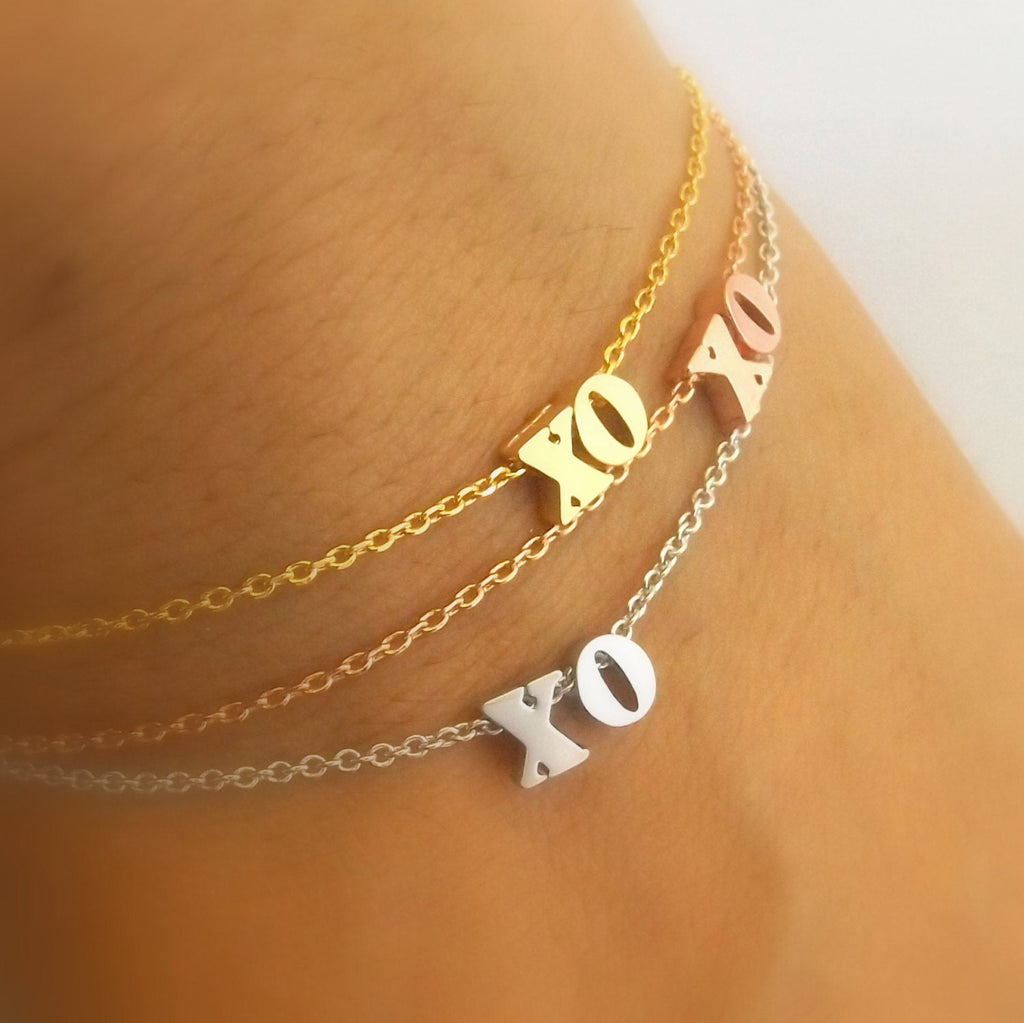 Xo bracelet- silver rose gold gold plated xo bracelet, hugs and kisses bracelet, bridesmaid gift