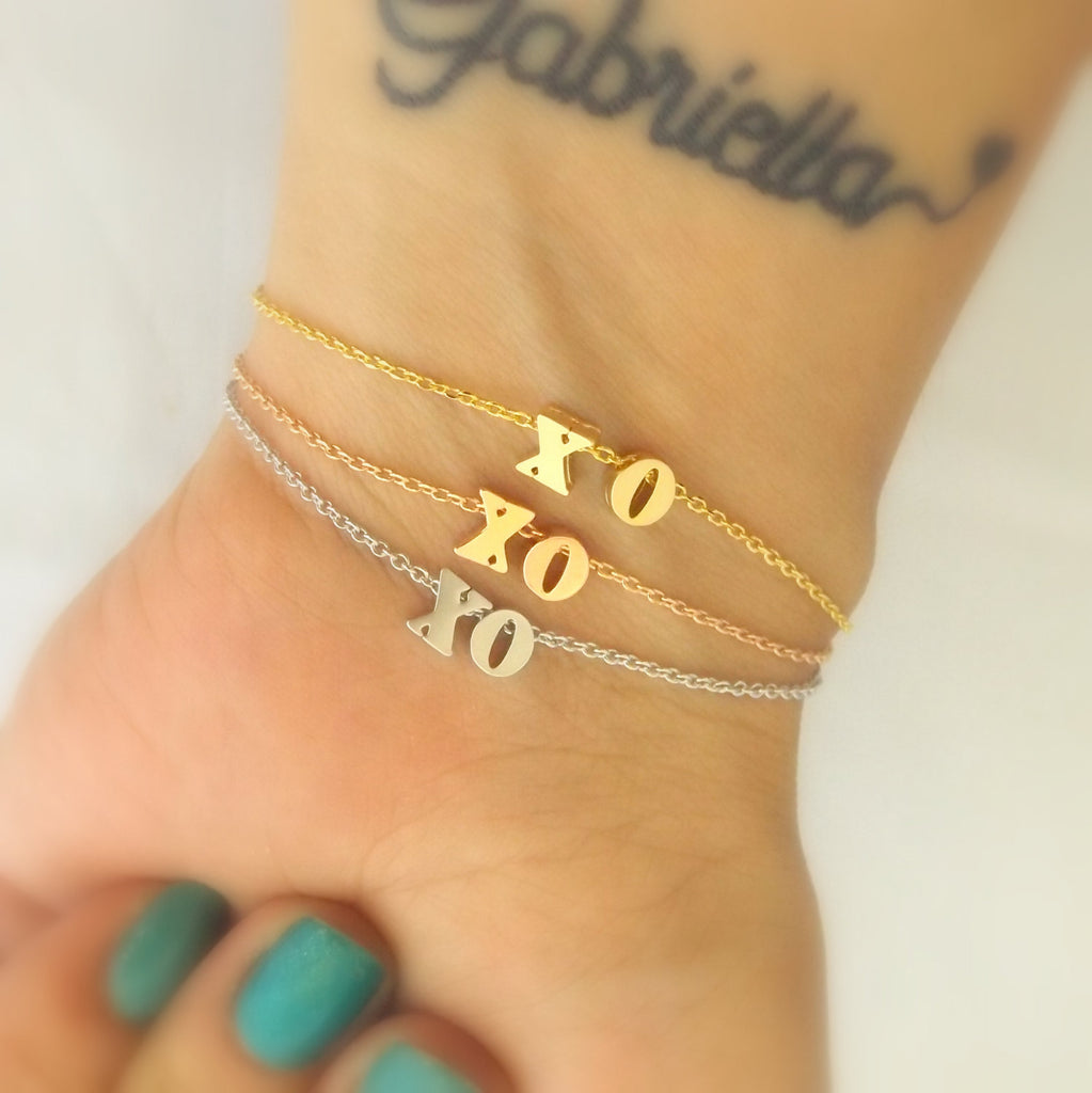 Xo bracelet- silver rose gold gold plated xo bracelet, hugs and kisses bracelet, bridesmaid gift