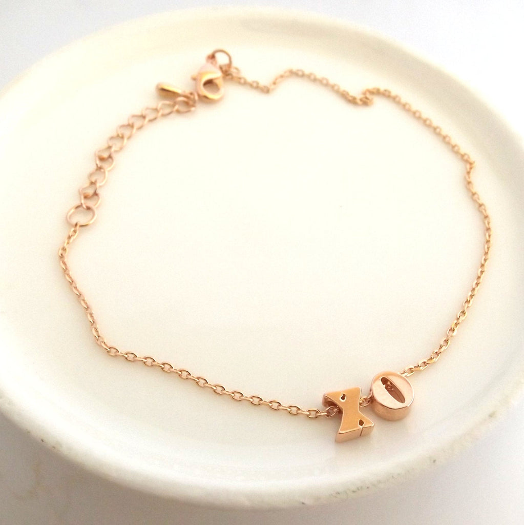 Xo bracelet- silver rose gold gold plated xo bracelet, hugs and kisses bracelet, bridesmaid gift