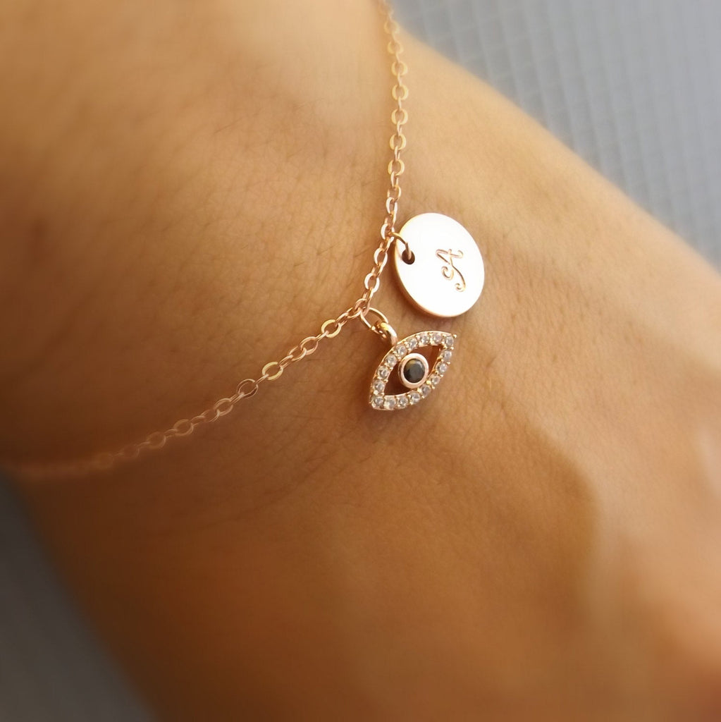 Rose gold evil eye bracelet-Initial and evil eye bracelet, rose gold gold plated evil eye jewelry, initial bracelet