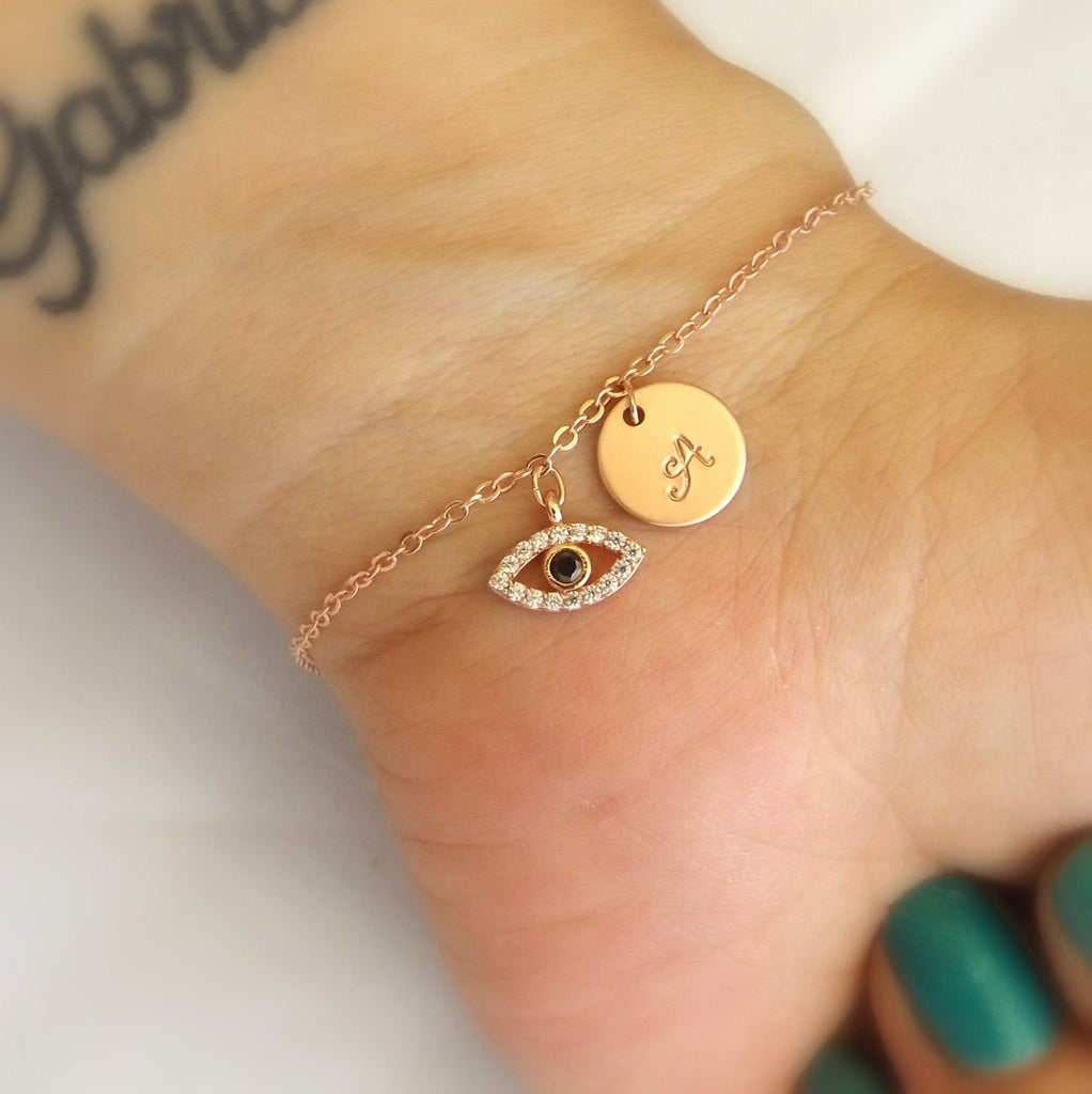 Rose gold evil eye bracelet-Initial and evil eye bracelet, rose gold gold plated evil eye jewelry, initial bracelet