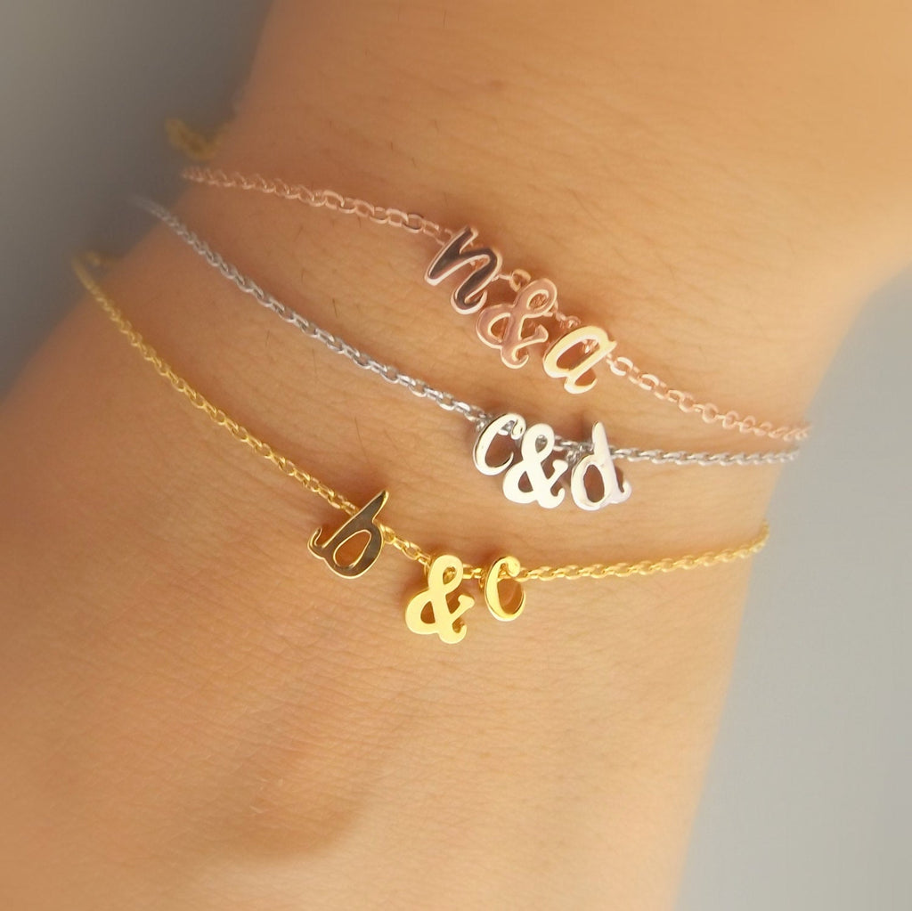 Silver rose gold or gold plated double initial bracelet , ampersand and initial bracelet, bridesmaid gift