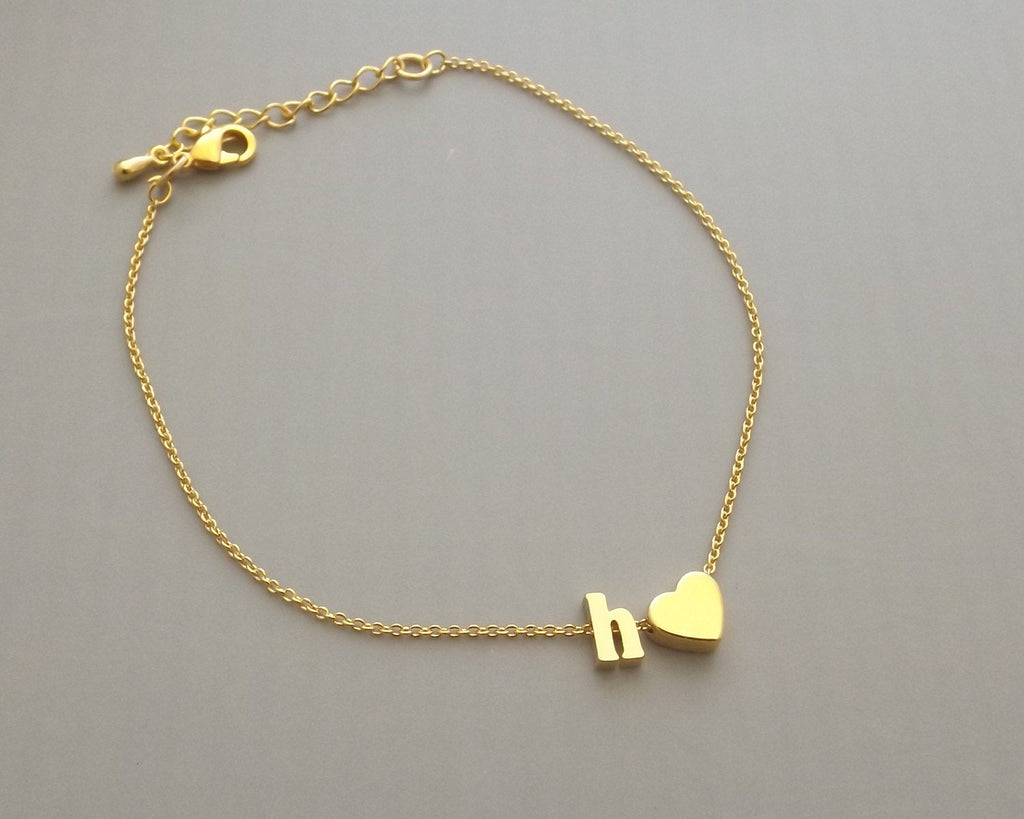 Lowercase initial and heart bracelet, silver rose gold gold plated initial and heart bracelet, heart bracelet