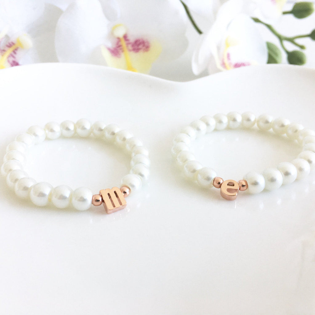 Flower Girl Gift, Children's Rose Gold Lowercase Initial Bracelet On Stretch Cord, Flower Girl Gift Idea, Personalized Flower Girl Bracelet