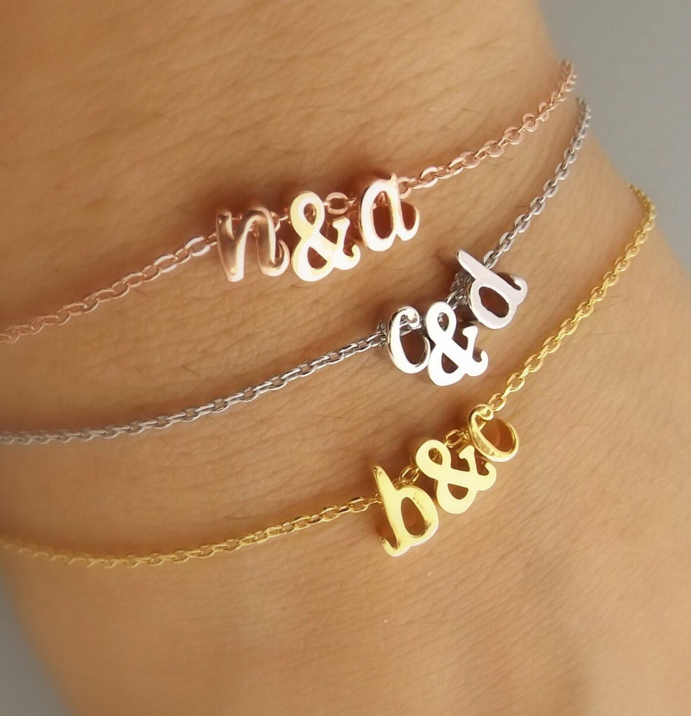 Silver rose gold or gold plated double initial bracelet , ampersand and initial bracelet, bridesmaid gift