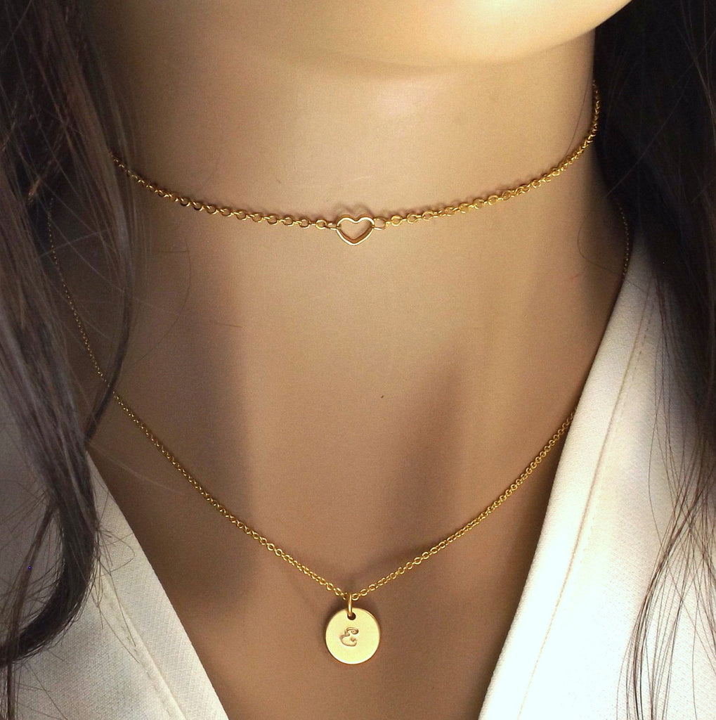 Delicate dainty heart choker in silver rose gold or gold plated- tiny open heart necklace, open heart choker- gifts for her , dainty choker