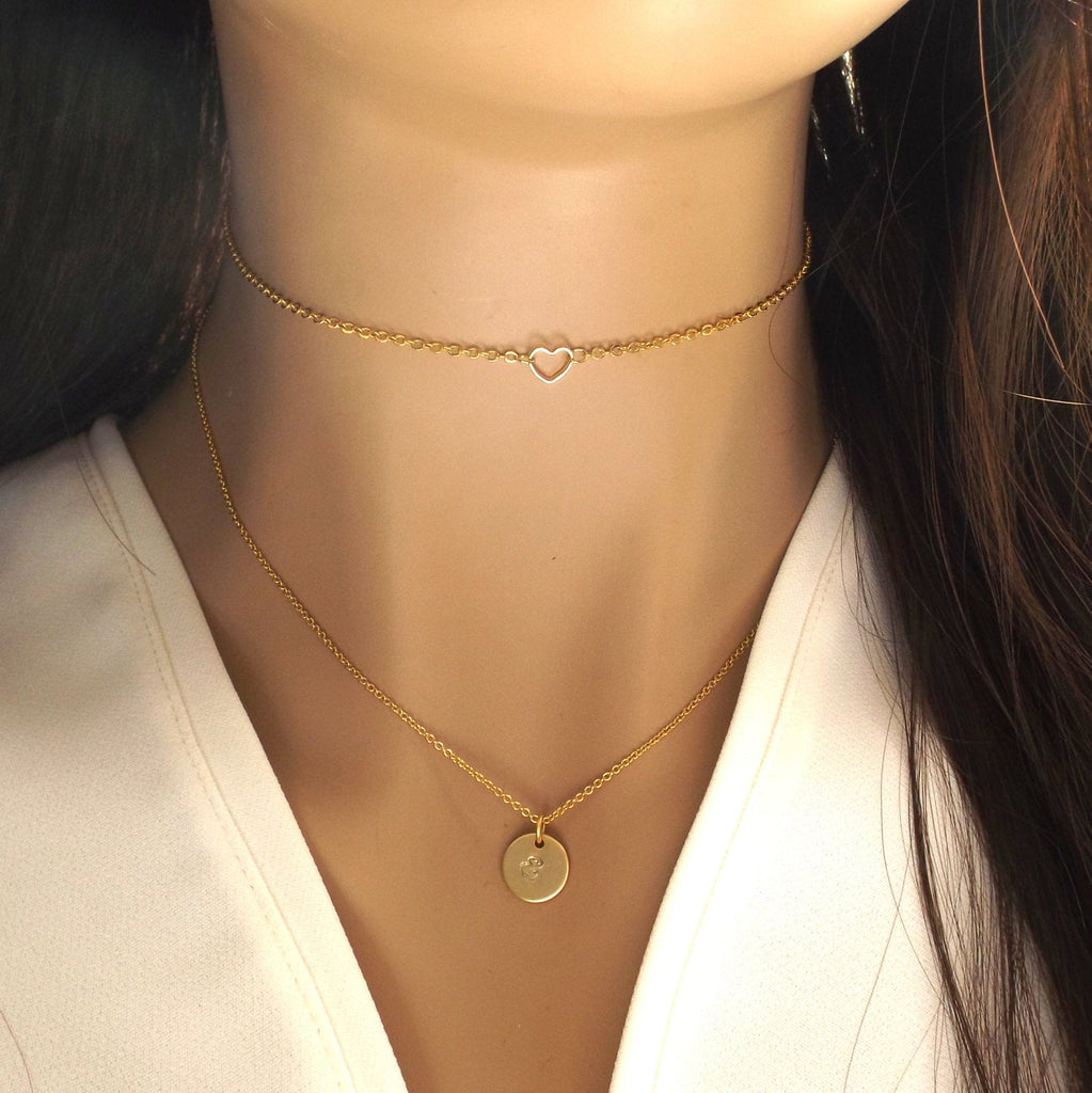 Delicate dainty heart choker in silver rose gold or gold plated- tiny open heart necklace, open heart choker- gifts for her , dainty choker