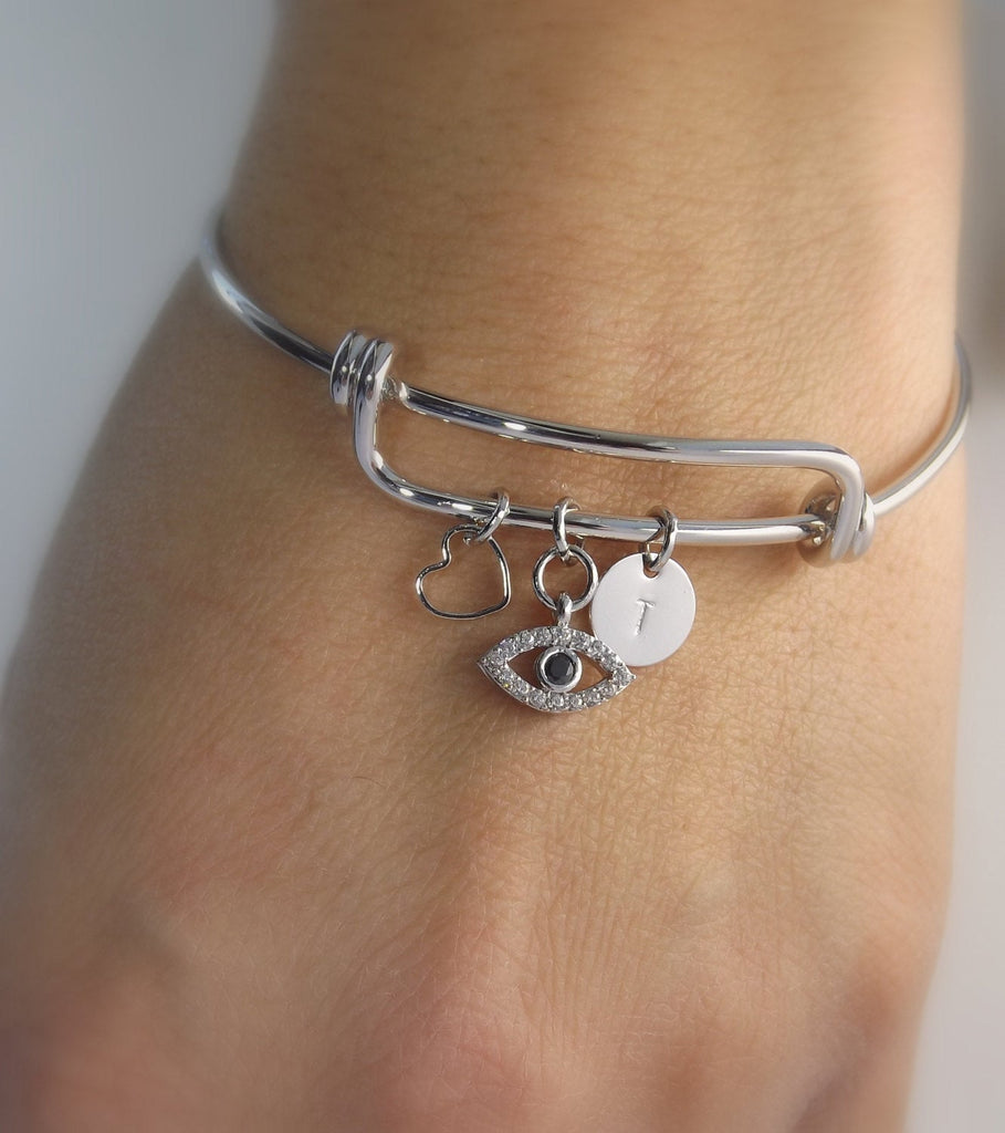 Silver evil eye bracelet •gifts for her • best friend gift • good luck gift • new job gift • lucky charm bracelet • evil eye charm bracelet