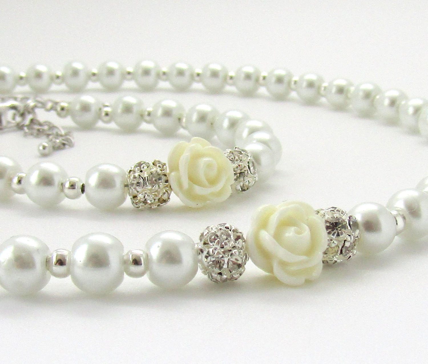 Flower Girl Gift Kids Pearl Necklace and Bracelet Set Pearl Flower