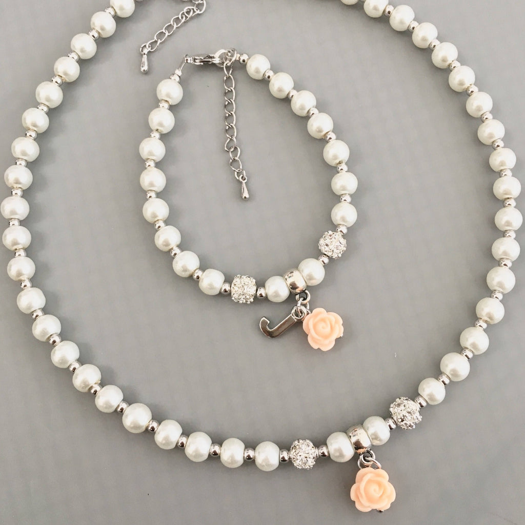 Flower Girl Gift Flower Girl Necklace and Bracelet Set Personalized Pearl Jewelry Set Kids Wedding Flower Girl Jewelry Gift Idea SET02