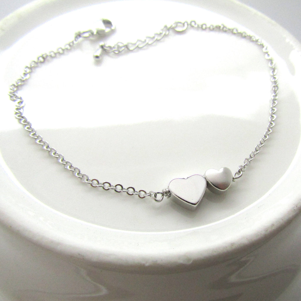 Silver Double Heart Bracelet-  2 hearts bracelet , dainty heart bracelet , bridesmaid gift