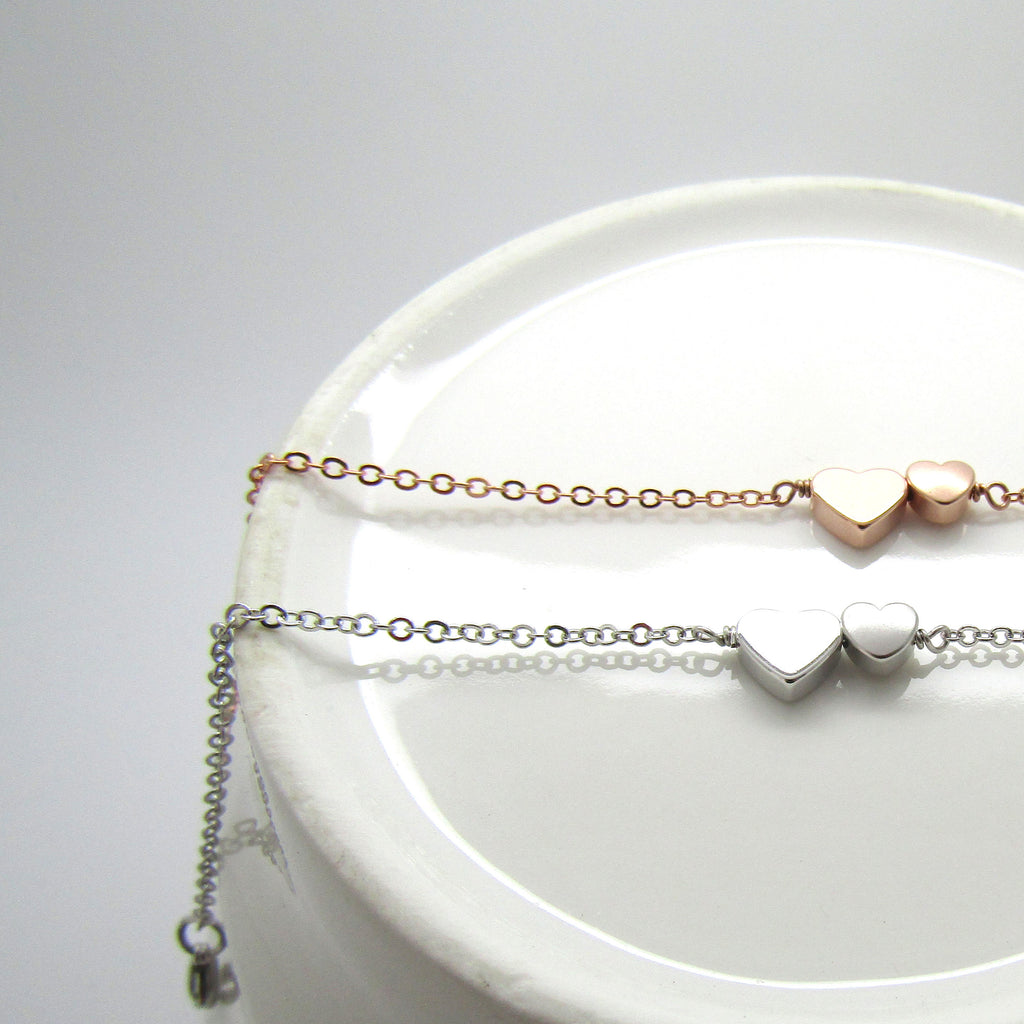 Silver Double Heart Bracelet-  2 hearts bracelet , dainty heart bracelet , bridesmaid gift