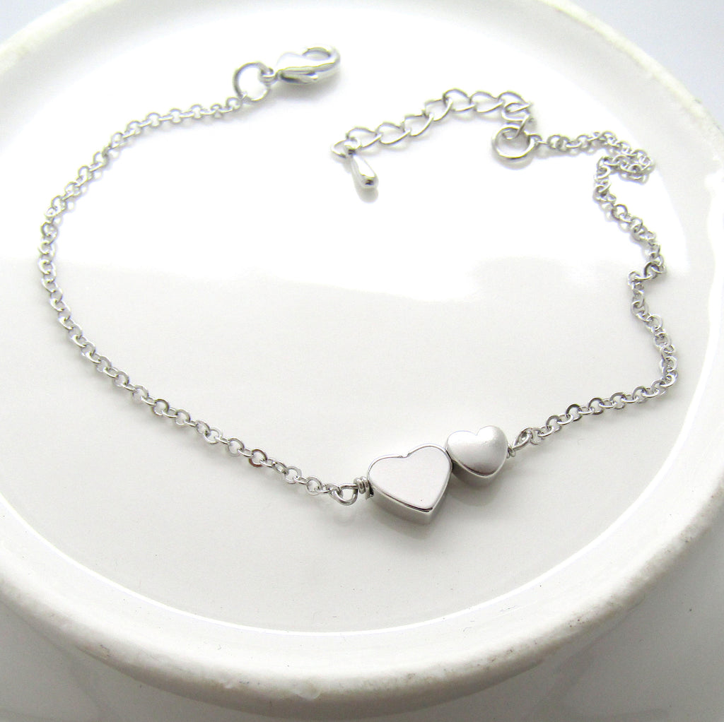 Silver Double Heart Bracelet-  2 hearts bracelet , dainty heart bracelet , bridesmaid gift